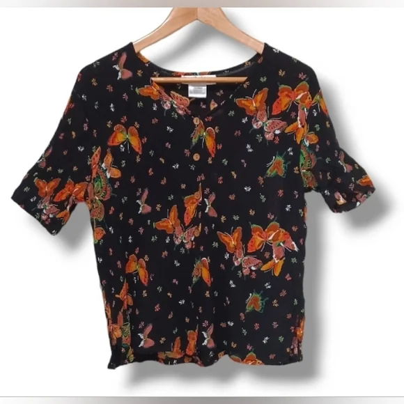 90s Butterfly Slinky Crepe Jacqueline Lauren Stretch Button Up Whimsygoth Blouse - Picture 15 of 16